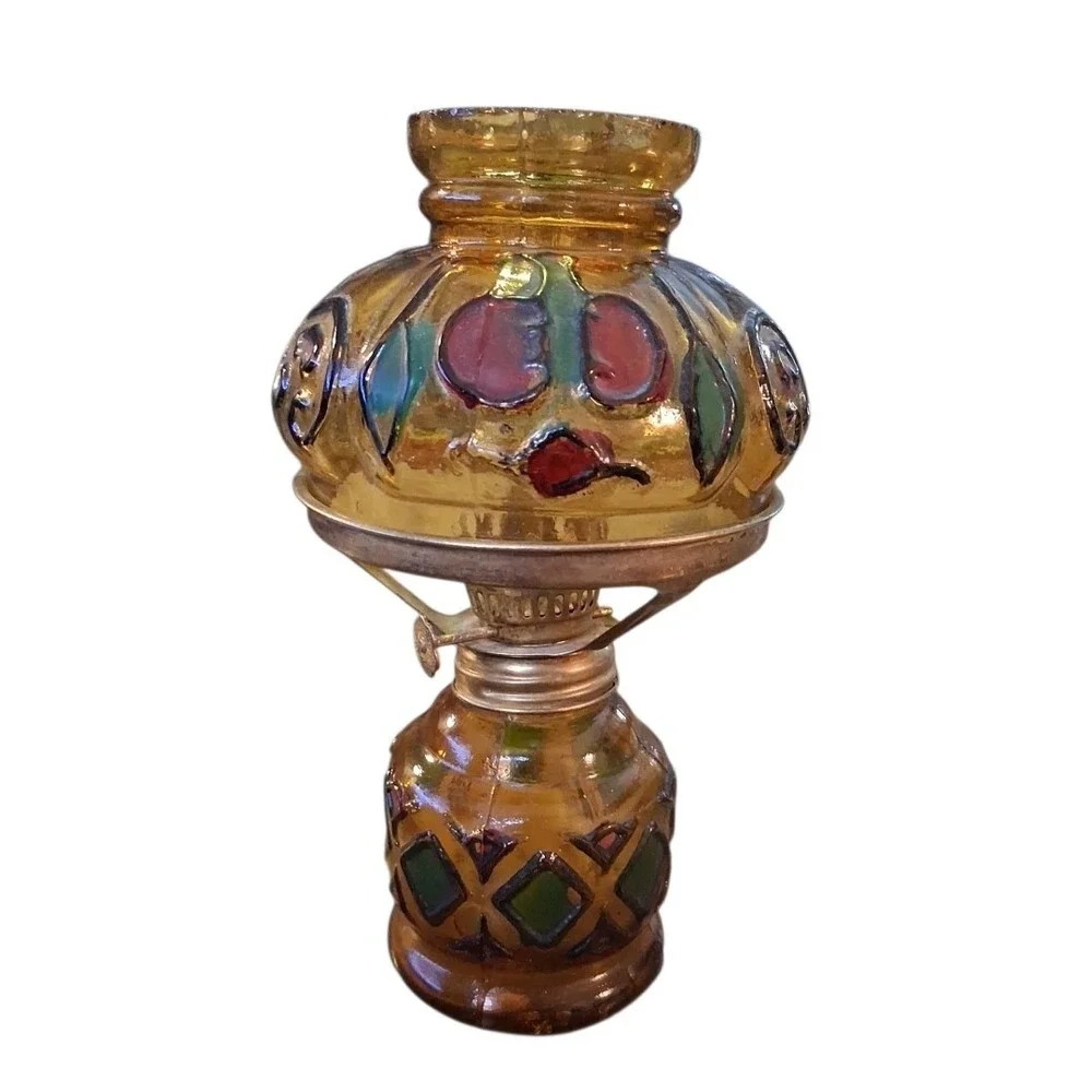 Vintage Sail Boat Brand Amber Glass Stained Glass Oil Lamp Hong Kong 7.5